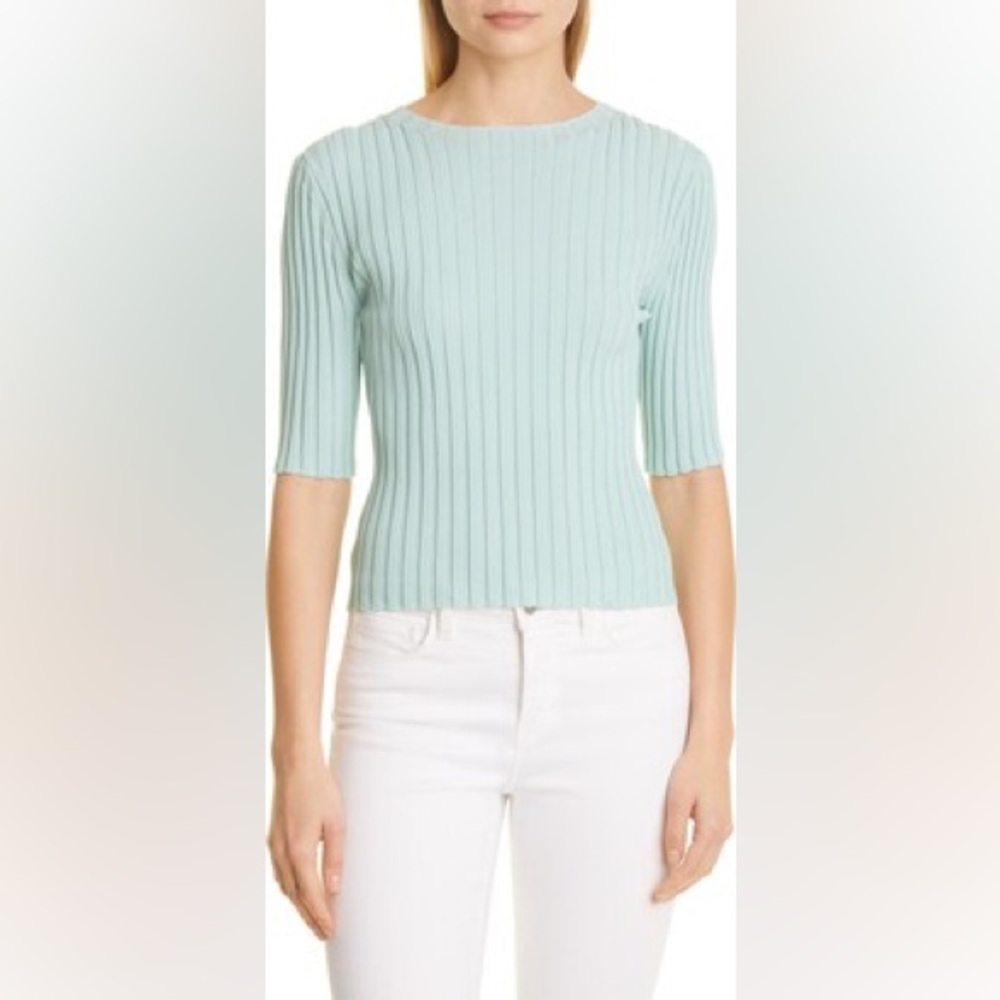 Vince, Wide Ribbed Elbow Sleeve Top Form Fit, Pale Mineral, Women L